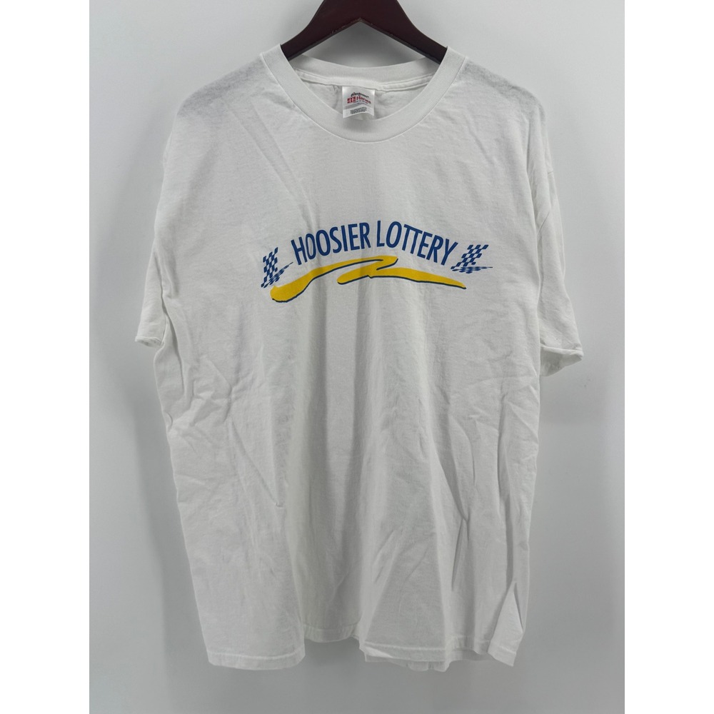 Vintage 90s Hoosier Lottery T Shirt Mens XL White Hanes Stedman Racing Graphic